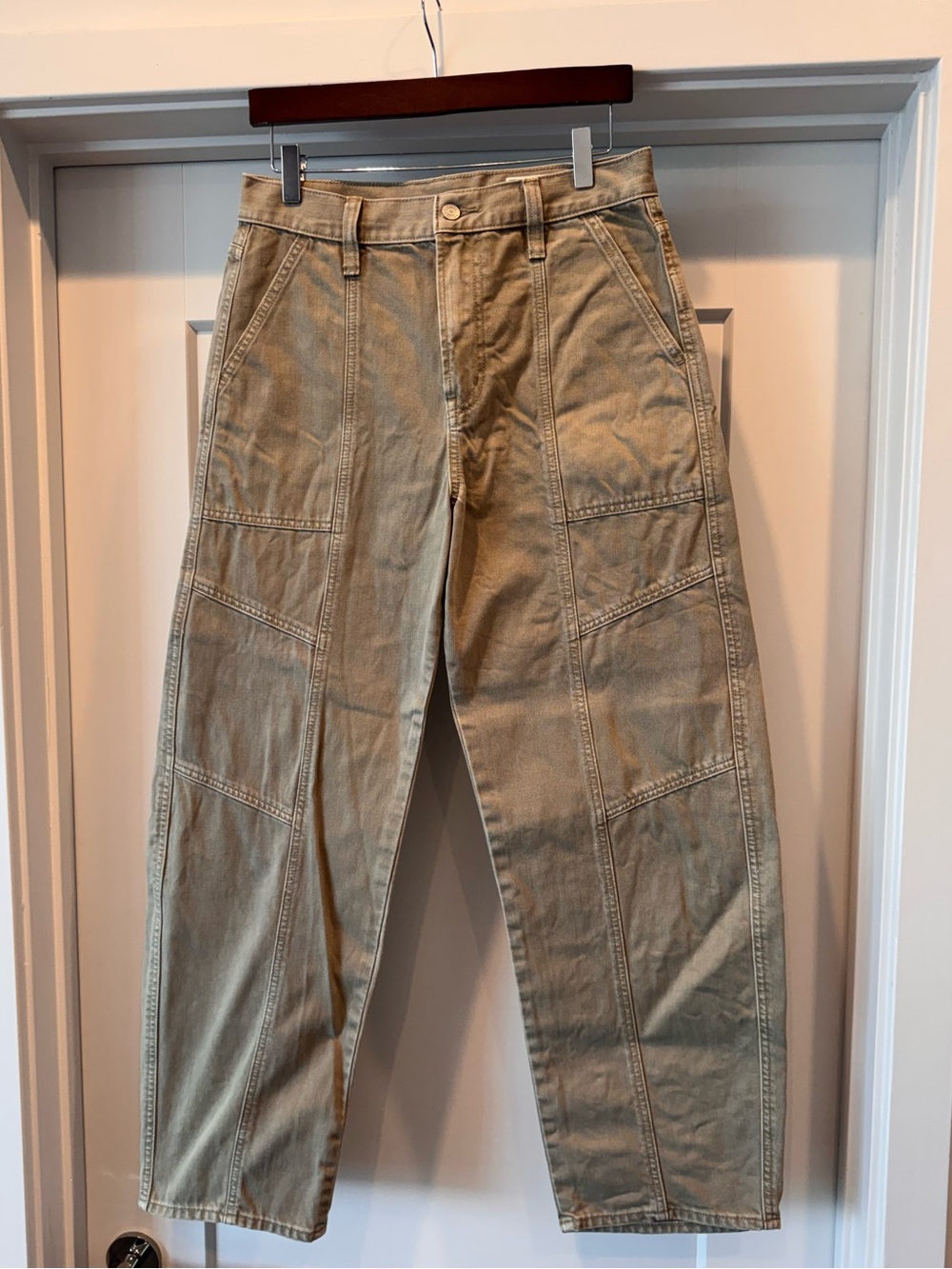 Greenish Khaki Workwear Seam Detail Barrel Pants